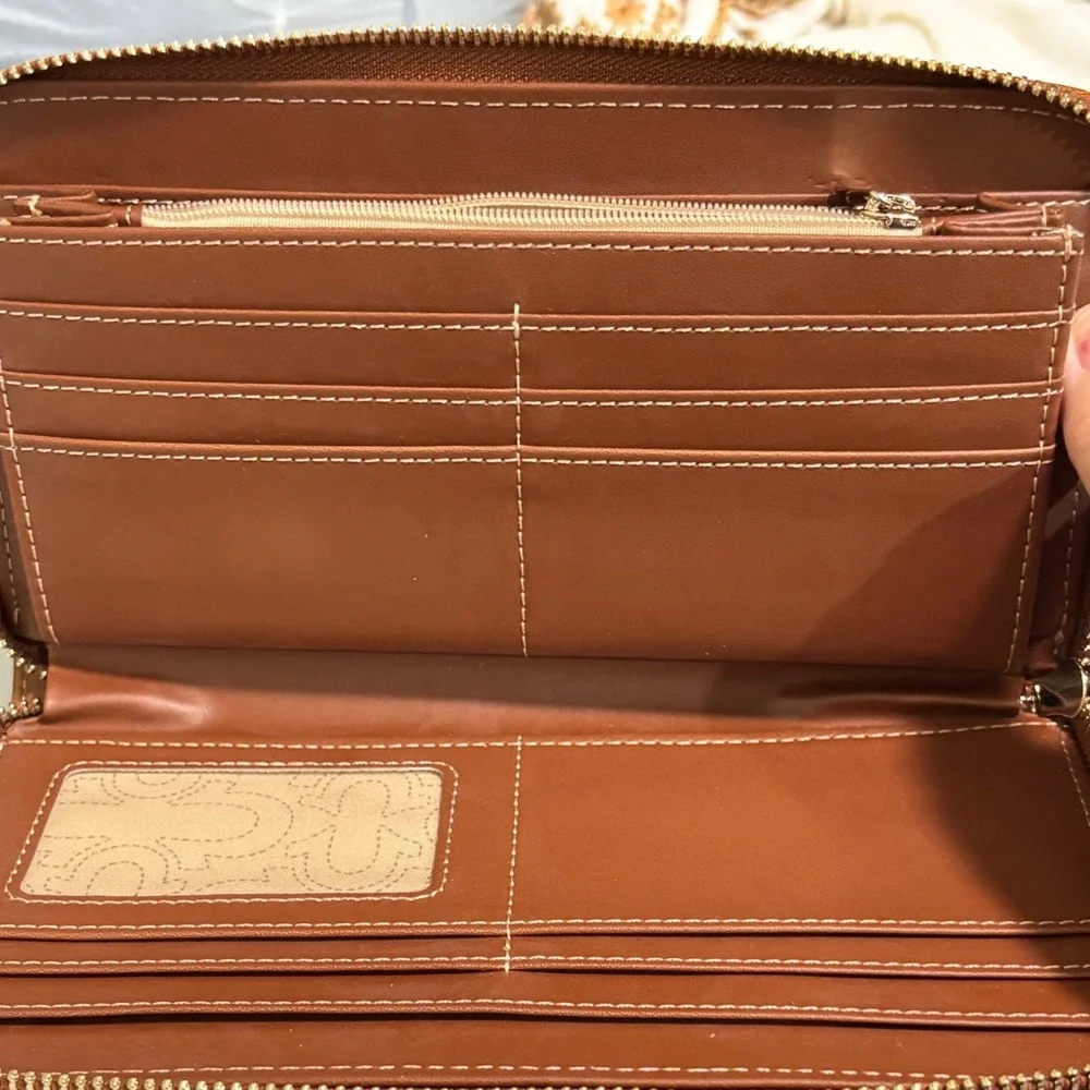 True Religion Denim Zip Around Wristlet Wallet Blue Brown Buddha Logo Patch